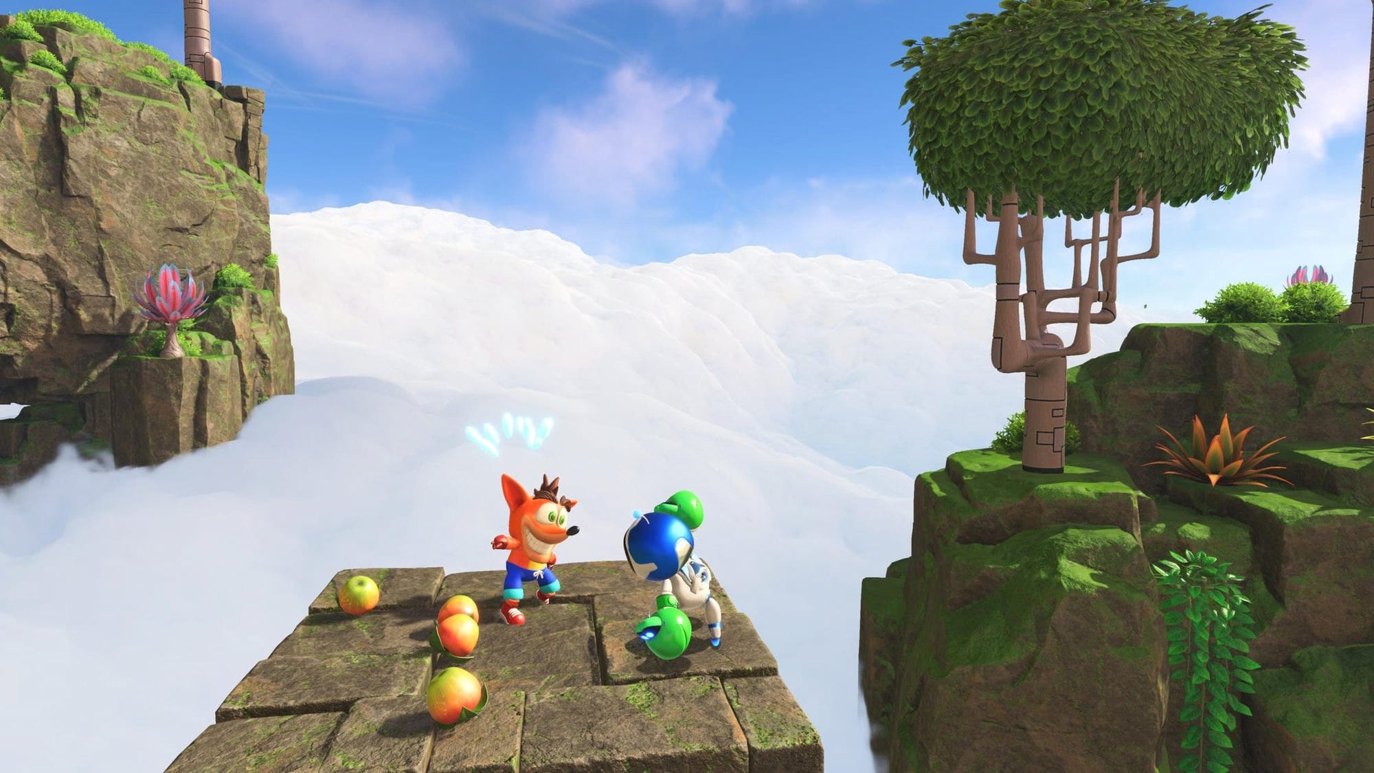 Astro Bot hanging out with a bot dressed as crash bandicoot