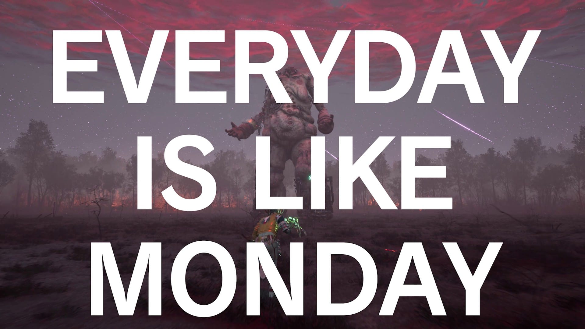 A boss fight in Romeo Is A Dead Man against giant deformed headless woman called "EVERYDAY IS LIKE A MONDAY".