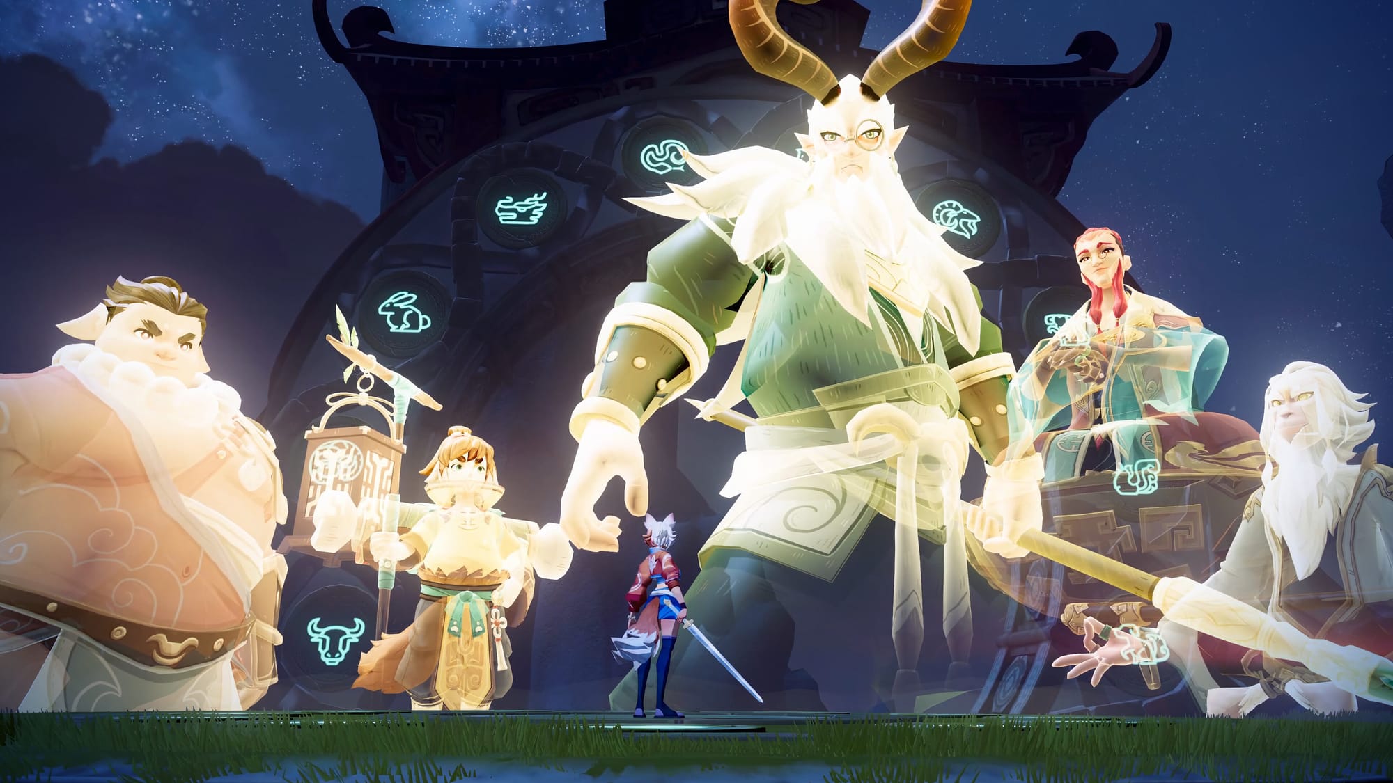 Several Zodiac Guardians projecting large images of themselves in front of a fox character