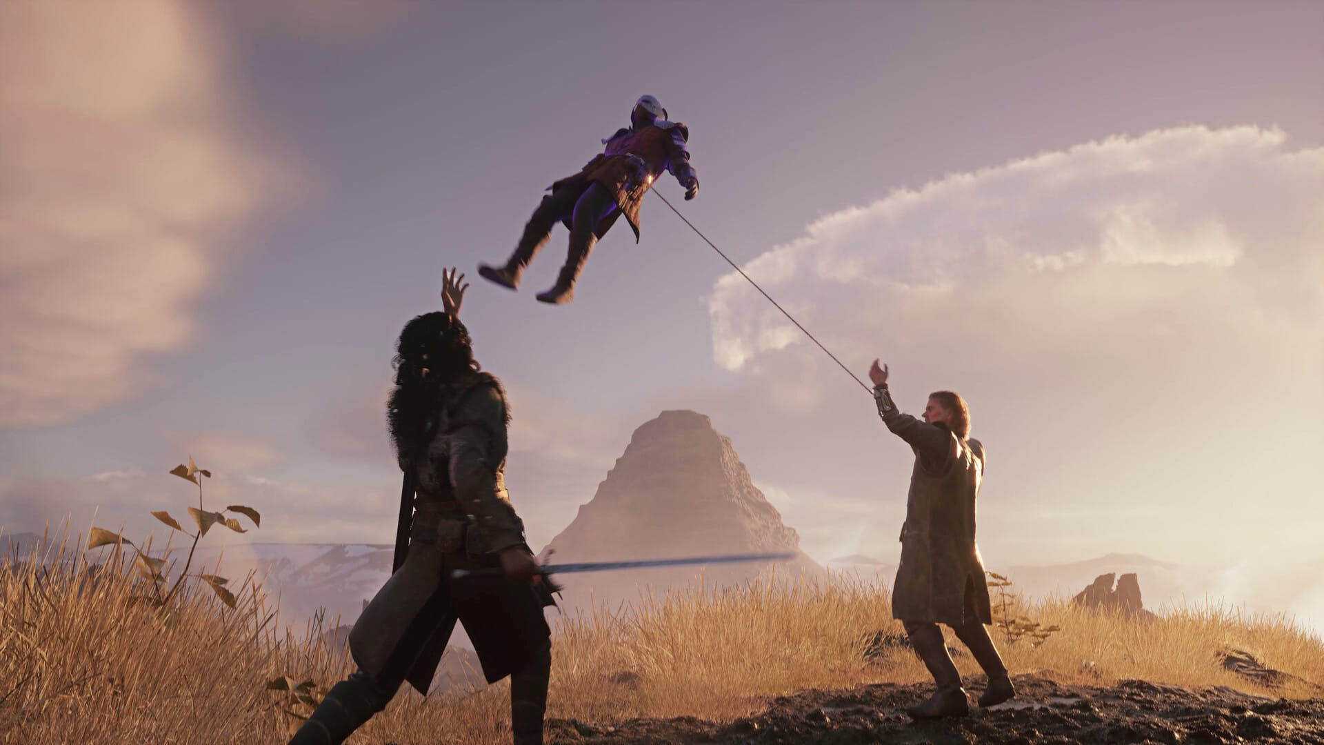 Shows a man about to be slammed down into the floor by a grappling hook. 