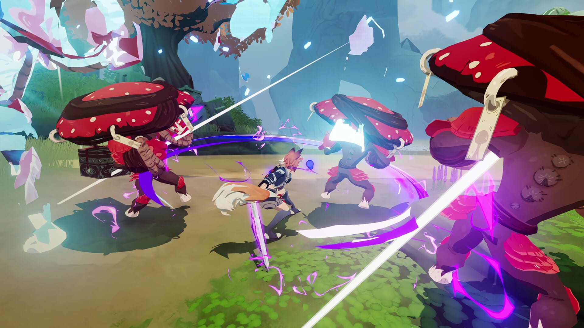 Fox woman slicing down multiple red, mushroom-themed foes