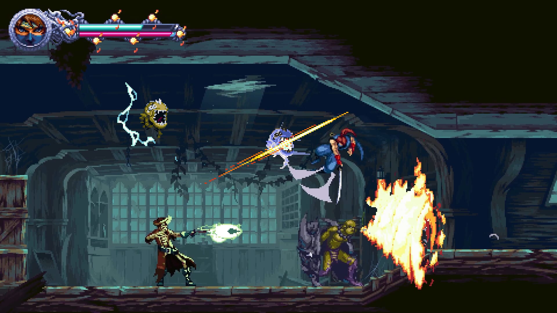 A ninja jumping over a firebreathing enemy while slicing an airborne foe