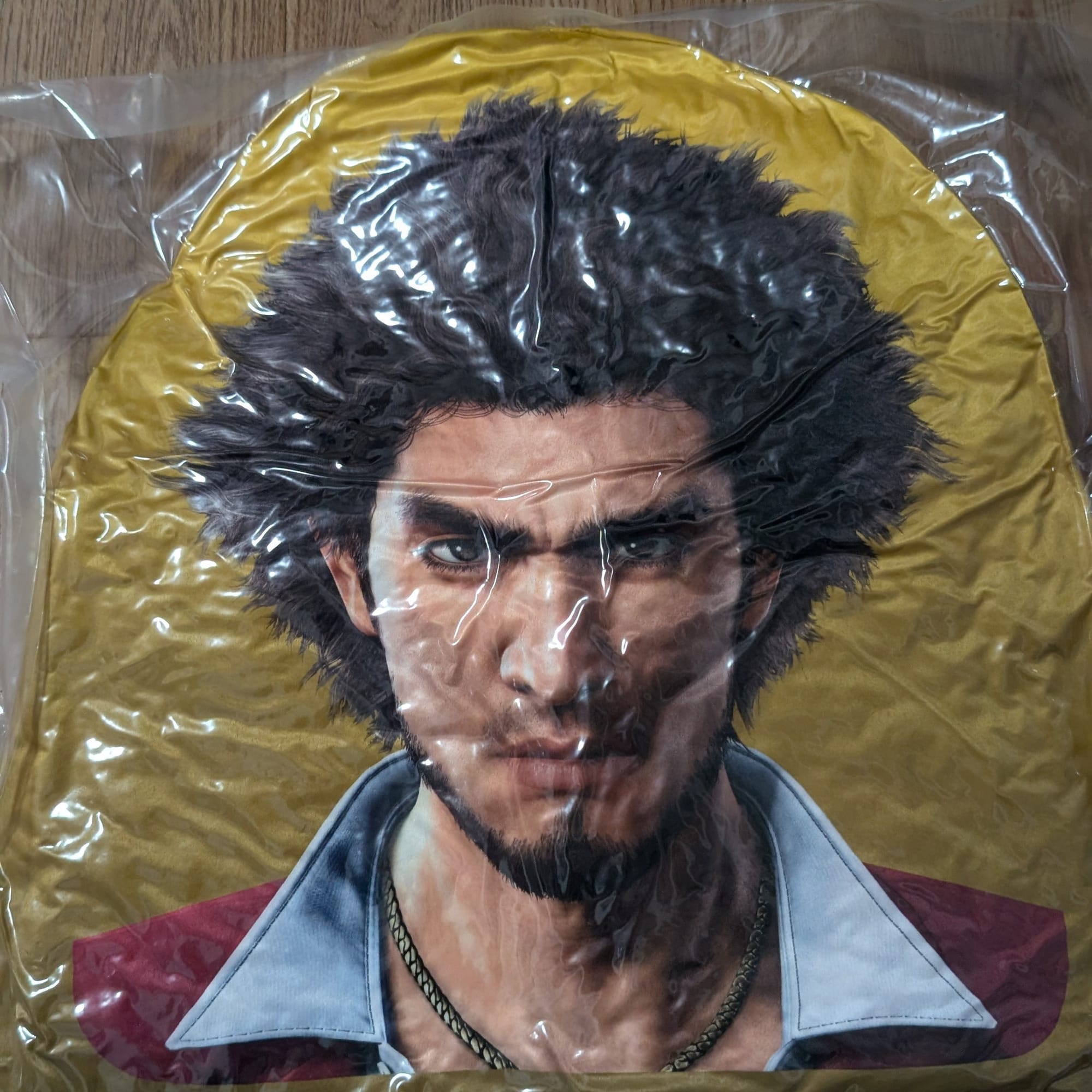 Like A Dragon Ichiban Kasuga Head Pillow in vacuum sealed plastic.