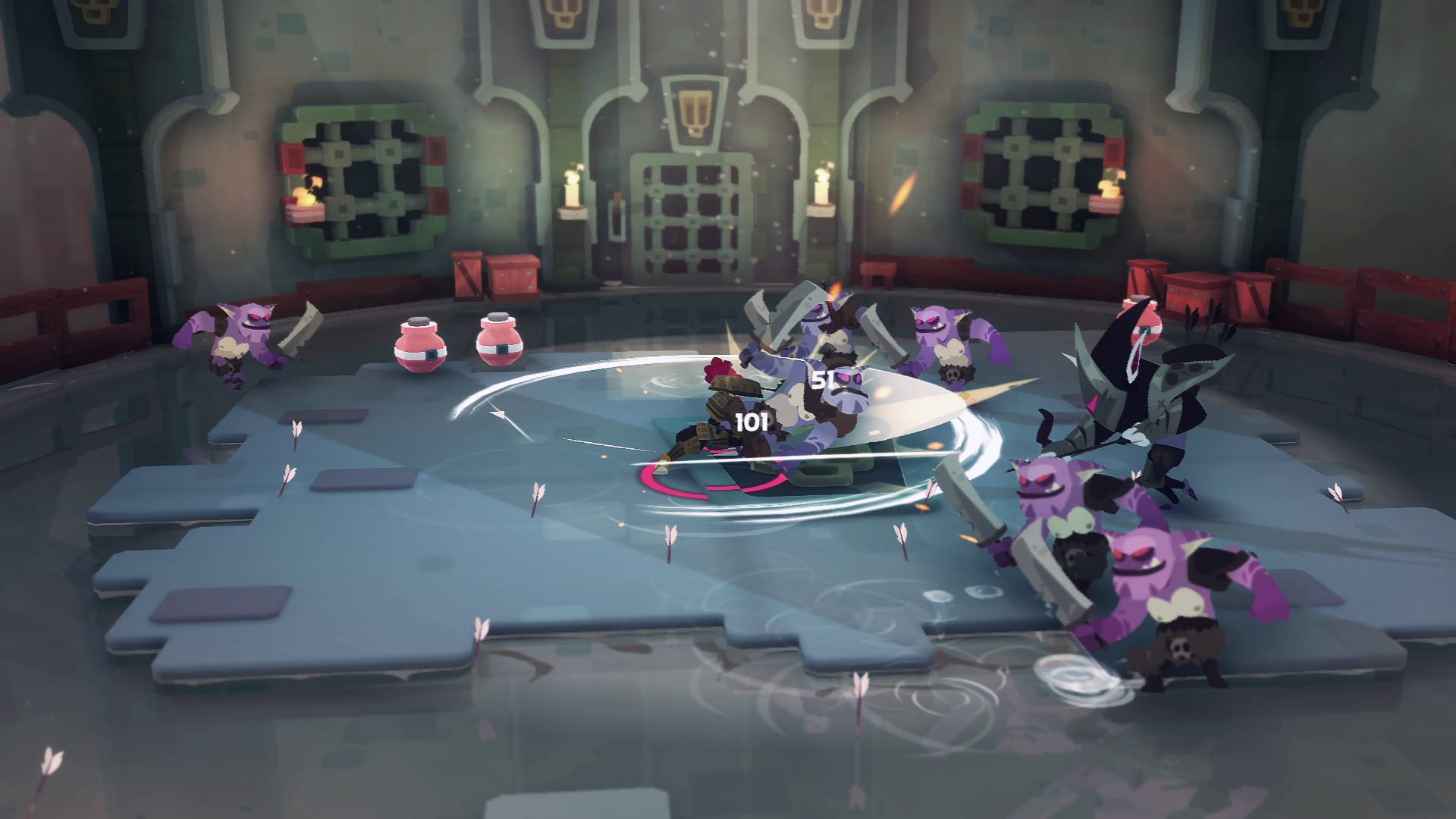 Character swinging a sword at a monstrous looking, light purple enemy