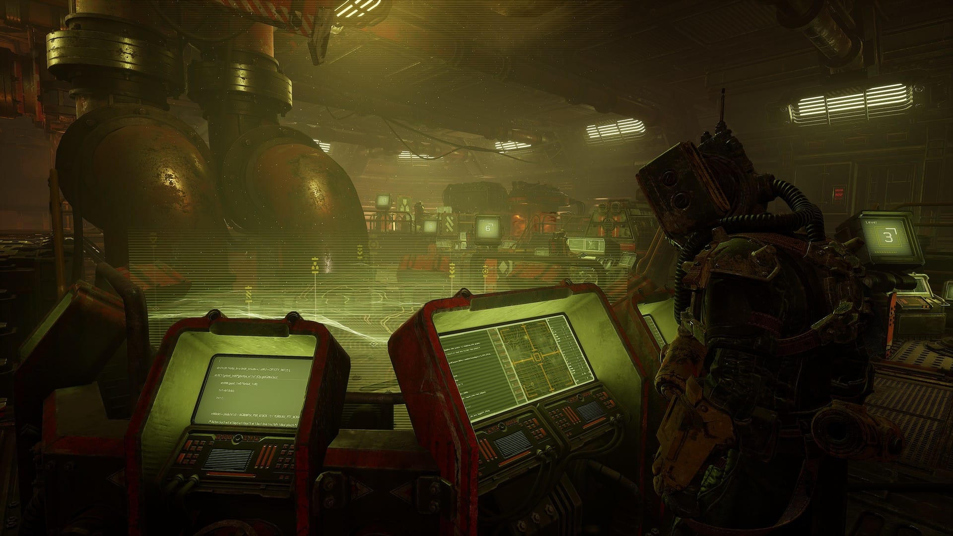 Poorly lit room with light coming through vents, person in front of a PC screen