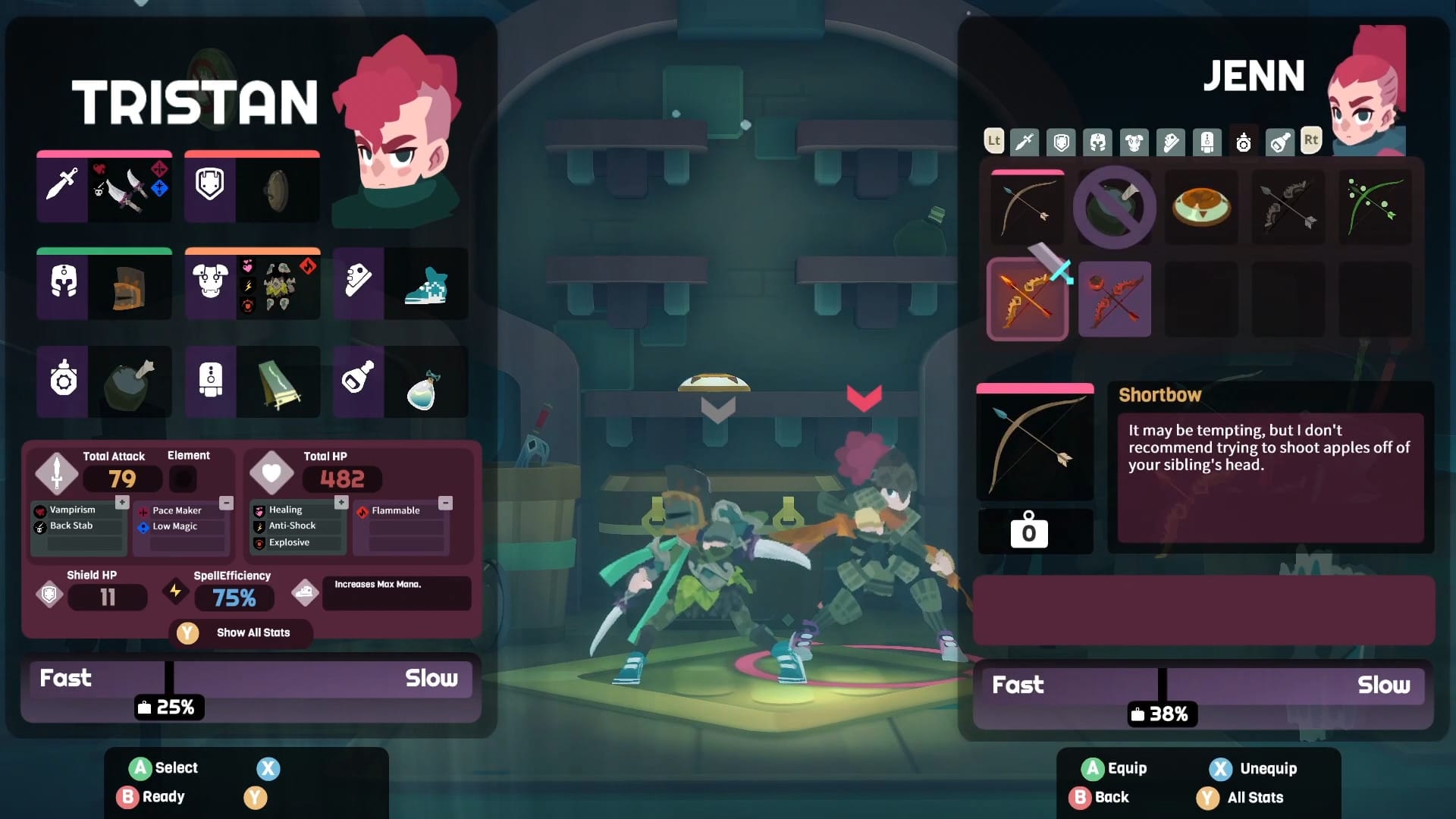 Equipment menu screen showing equipped items for Tristan and Jenn