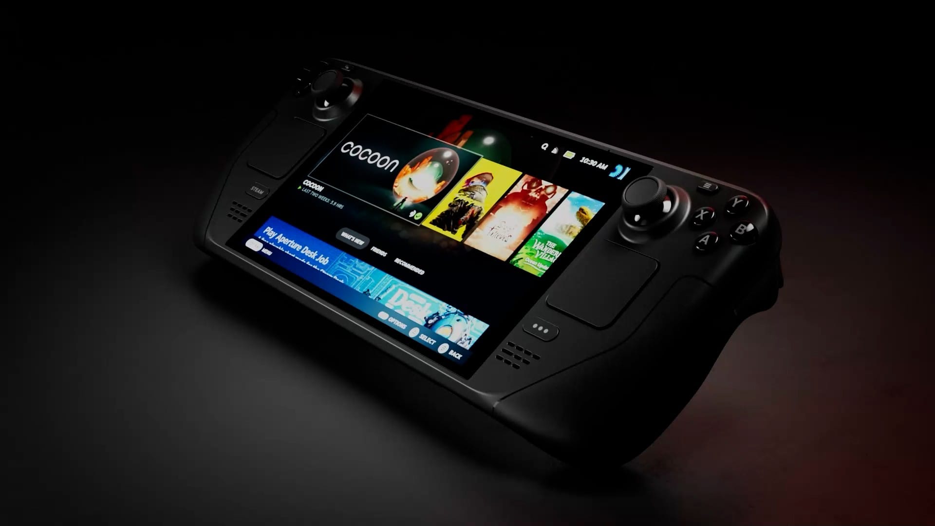 A Steam Deck OLED model on the home screen, highlighting Cocoon and Cyberpunk 2077