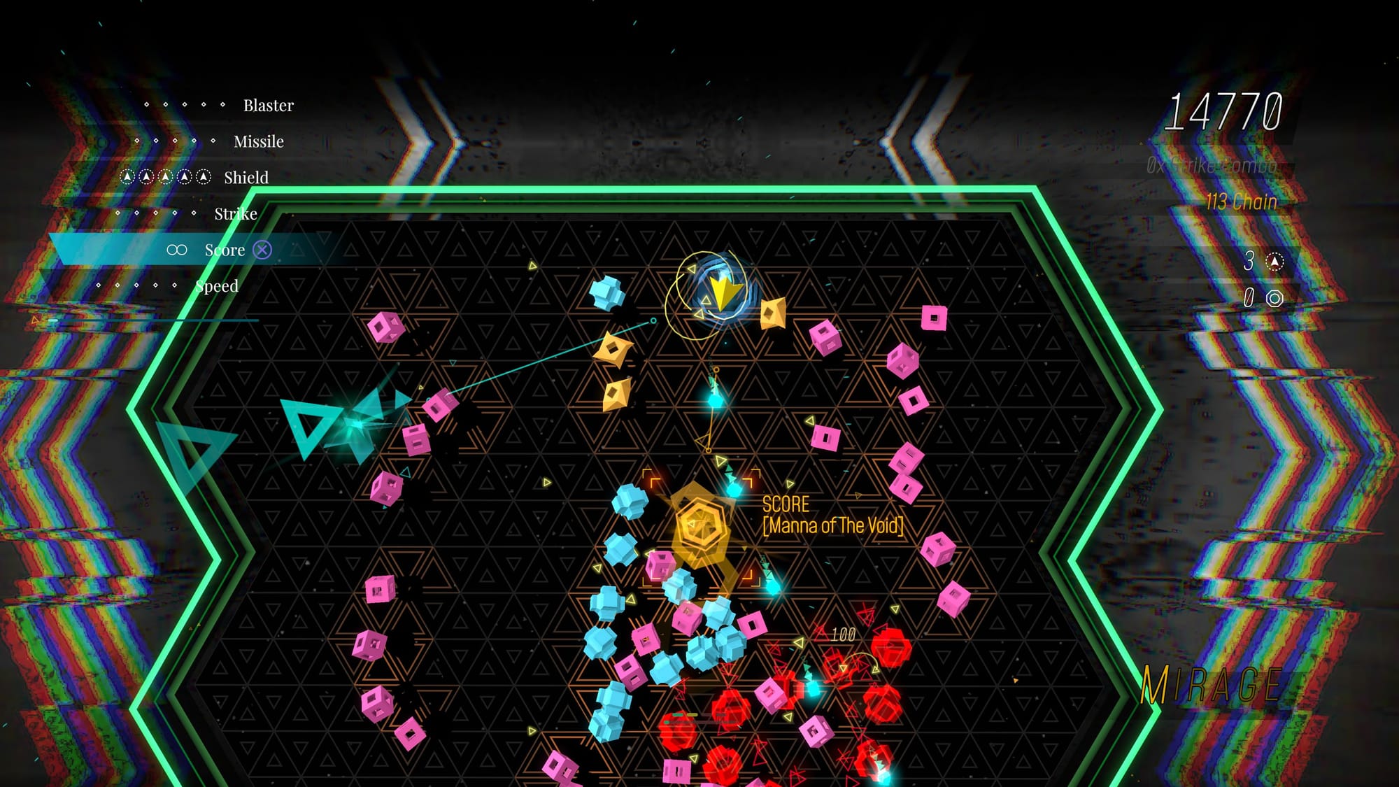 Different coloured enemies in Sektori coming at the player polygon.