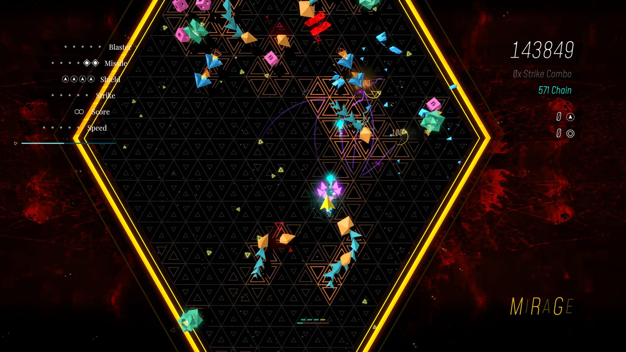 A screenshot of Sektori showing the player polygon back away from a clump of enemies.