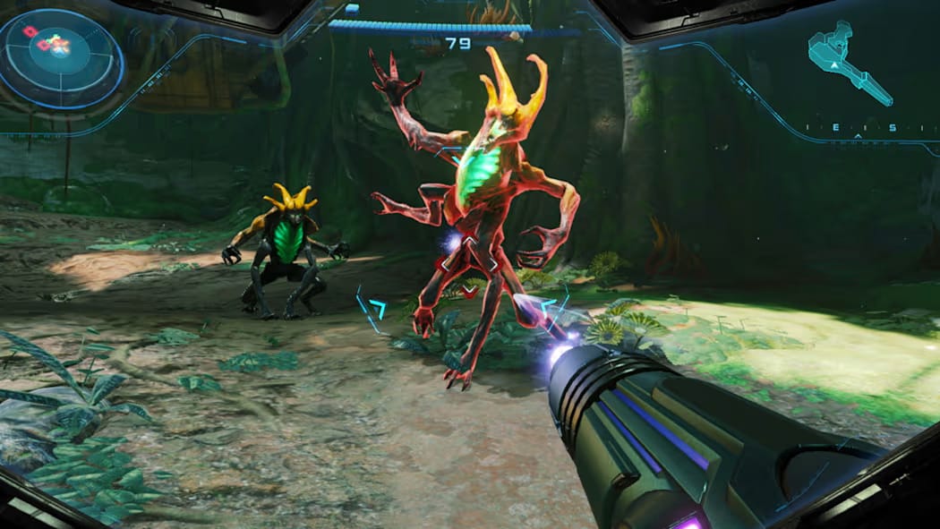 Samus Aran targeting a nearby enemy with an arm cannon