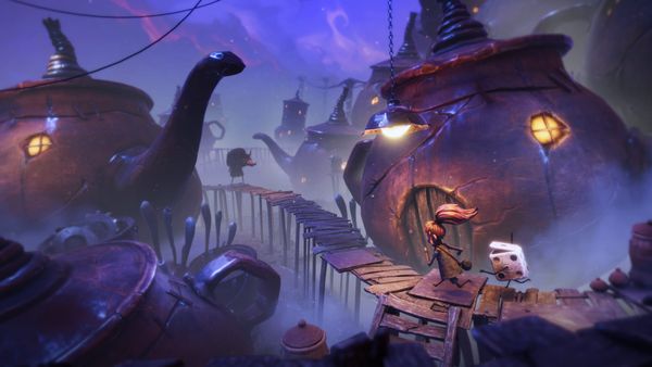 A young girl and sentient dice running across a wooden bridge near teapot shaped homes