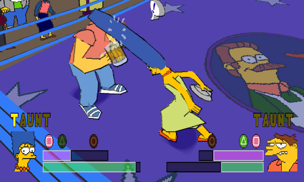 The Simpsons Wrestling screenshot shows Marge attacking Barney with her long blue hair