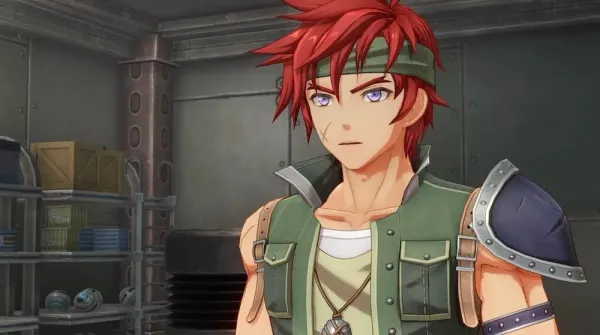 Red haired character with purple eyes and green clothing