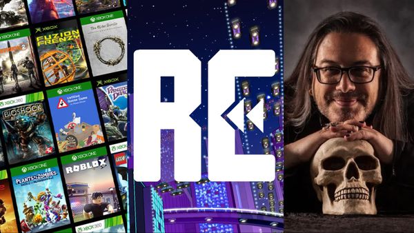 Three image columns - left shows a load of Xbox games. Middle shows Rewinder logo. Right shows John Romero.