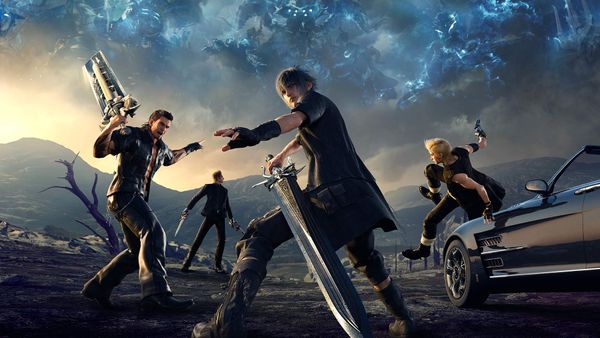 An armed boyband travelling by car across a barren landscape