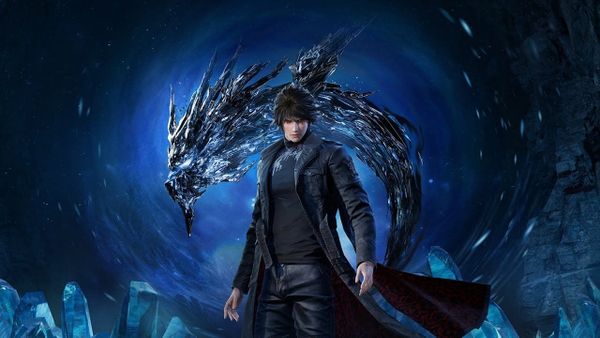A man in dark clothing with dark hair with a strange not completely corporeal being him