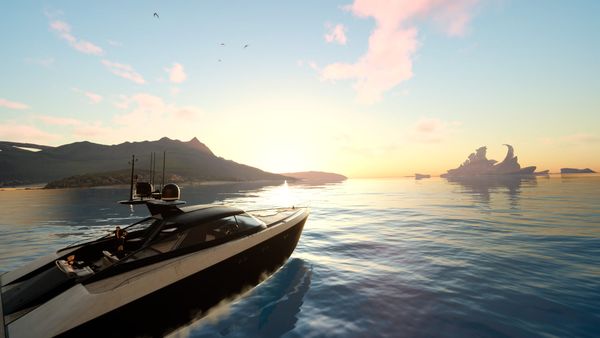 Several guys on a boat riding along the water as the sun sets