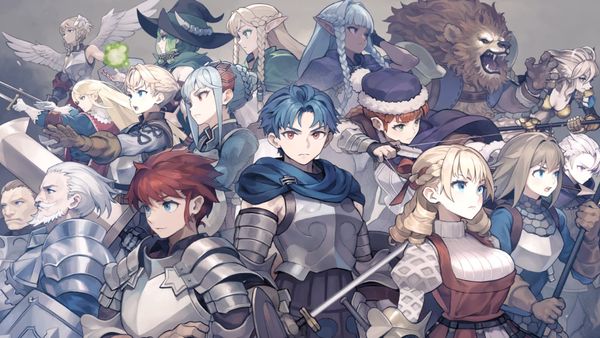 Over a dozen soldiers of different ranks, classes, and hair colours closely grouped together