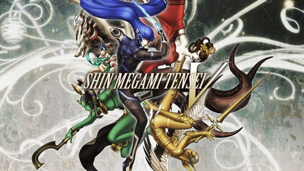 Several demons coloured white, red, gold and green are behind the blue Nahobino.