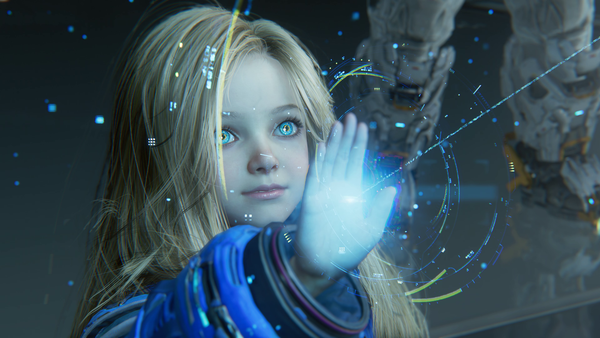 The young looking AI hacks in to a terminal with her hand in Pragmata.