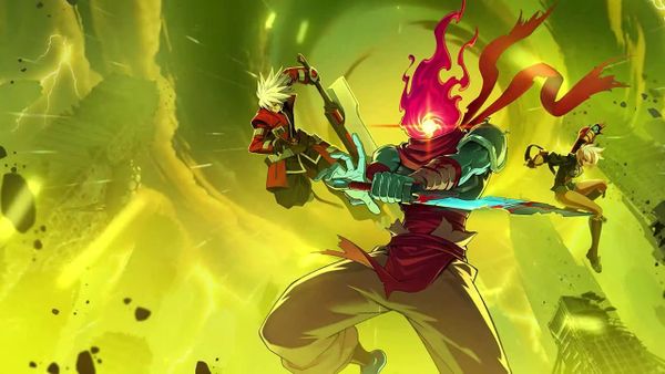 Shwos the Prisoner from Dead Cells flanked by two BlazBlue characters. 