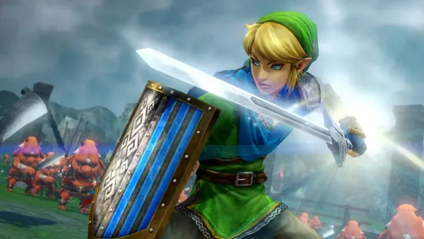 Link holding a shining sword in his left hand, shield with blue stripes in his right hand