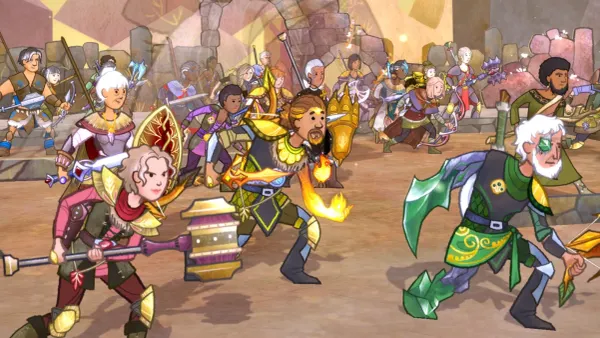 Multiple armoured characters heading to the same location