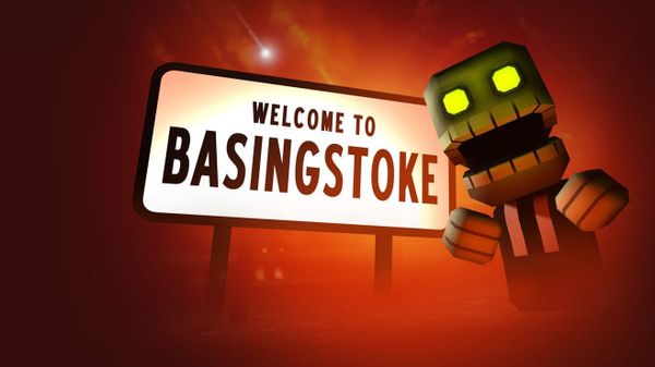 Welcome to Basingstoke on a sign with an open mouth, yellow eyed cartoon enemy nearby
