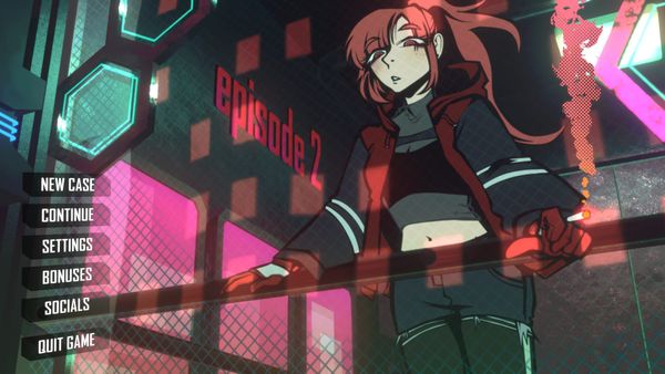 A main menu for episode 2 of 'of the devil' shows a red haired woman in a black and red outfit holding a railing while smoking