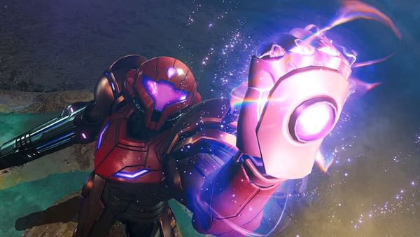 Samus Aran raising her left arm, hand in a gripped position as purple energy envelopes it