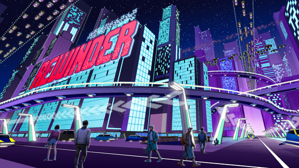Rewinder key art showing people in a city