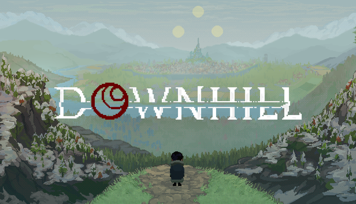 Downhill key art with a pixel art style shows a woman looking across a valley