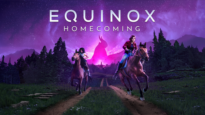 Equinox Homecoming key art shows two people riding horses at night