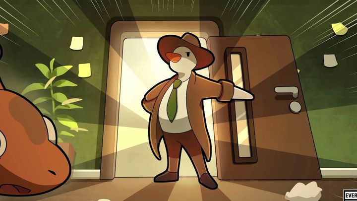 Duck Detective walking in through a door rather dramatically