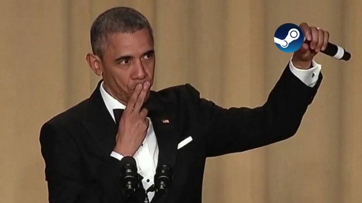 Barack Obama holding two fingers to mouth, microphone in other hand with Steam logo photoshopped on it