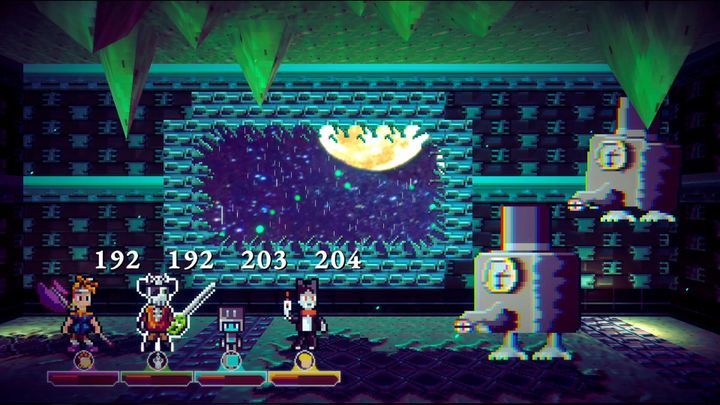 Four 2D characters taking a varied amount of damage while fighting two enemies