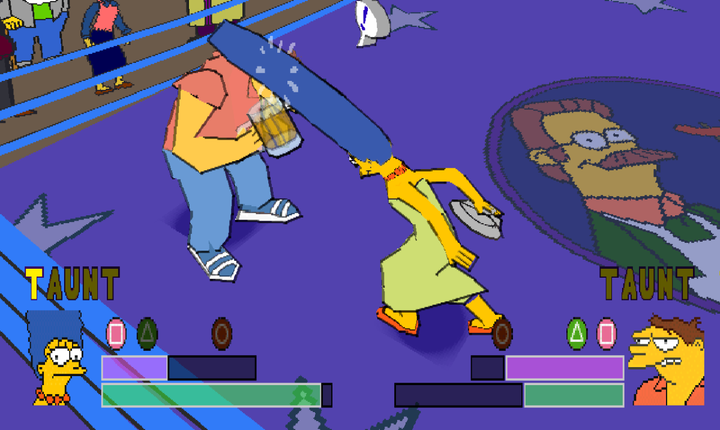 The Simpsons Wrestling screenshot shows Marge attacking Barney with her long blue hair