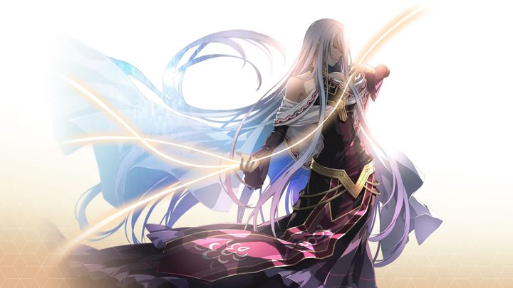 Trails into Reverie key art shows an elegant woman with long, pale blue hair in a  multi-layered black and lavender dress