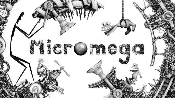 Micromega key art shows intricate 2D black and white contraptions