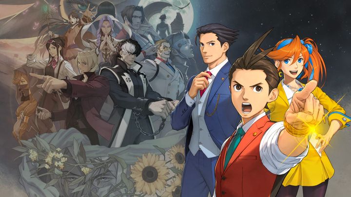 Ace Attorney characters bunched together looking forward