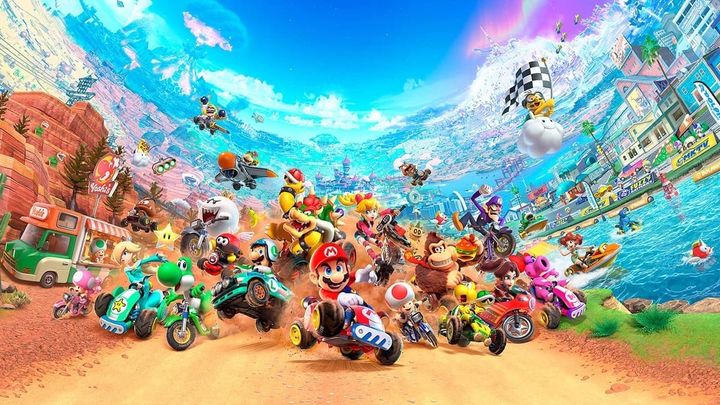 Mario Kart World key art with a lot of drivers accelerating forward on a dirt road