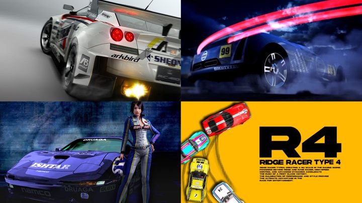 Key art of Ridge Racer 7 (top left), Ridge Racer 2 for the PSP (top right), Ridge Racer V (bottom left), and Ridge Racer Type 4 (bottom right)