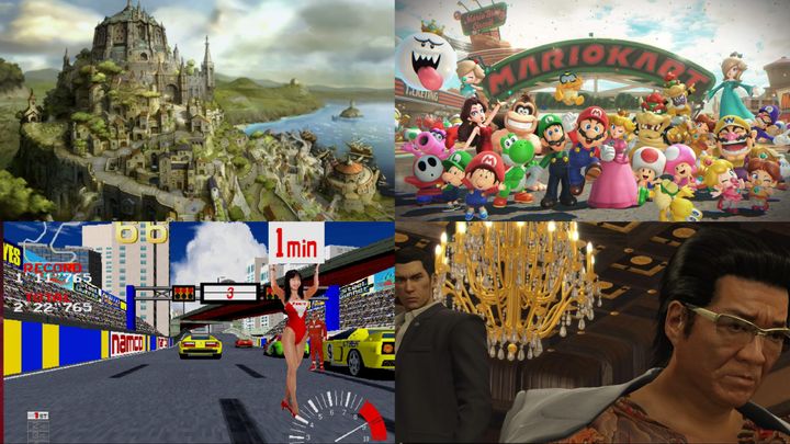 Screenshots of Bravely Default: Flying Fairy HD (top left), Mario Kart World (top right), Arcade Archives 2 Ridge Racer (bottom left), and Yakuza 0 Director's Cut (bottom right)