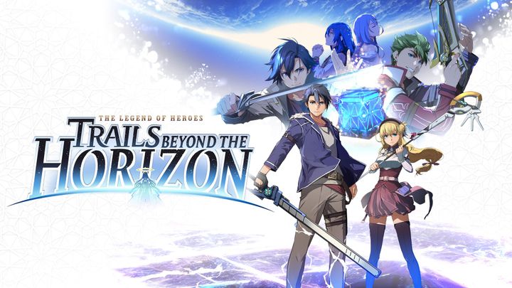 Trails beyond the Horizon key art shows multiple characters holding weapons across a white background