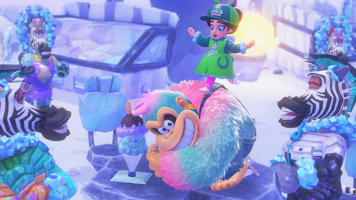 Donkey Kong with light pink and light blue fur while Pauline stands on top of him