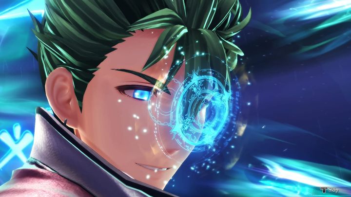 Green haired man with a symbol appearing in front of his face