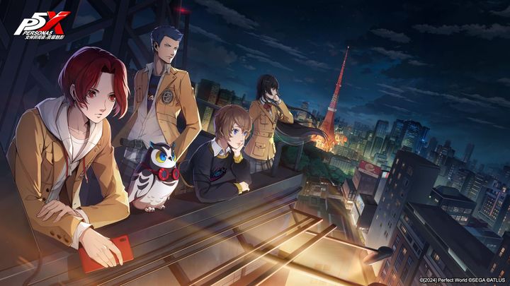 The main party memebers of Persona 5: The Phantom X overlooking Toyko.