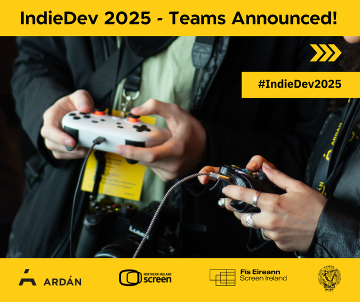 IndieDev 2025 programme announcement poster featuring two people holding controllers and the logos of Ardán, Northern Ireland Screen, Screen Ireland and Imirt.