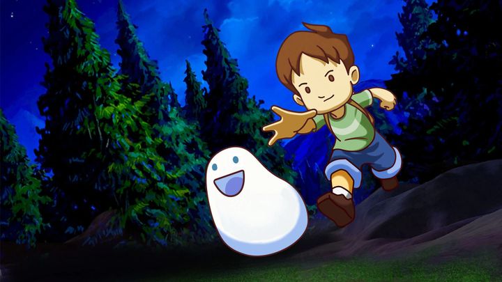 A young boy and a white blob running through a forest