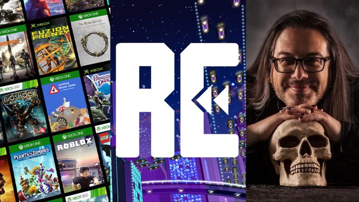 Three image columns - left shows a load of Xbox games. Middle shows Rewinder logo. Right shows John Romero.